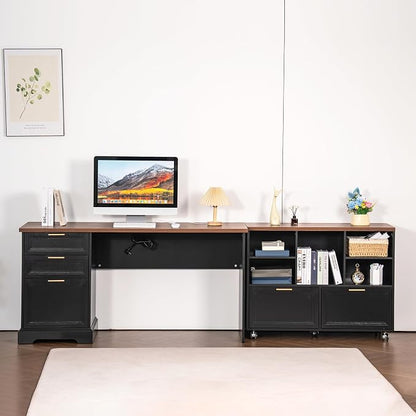 60" Professional Office Desk with 40" Mobile File Cabinet,Business Desk with Charging Station,L Shaped Executive Desk Set for Office Work,Home Study