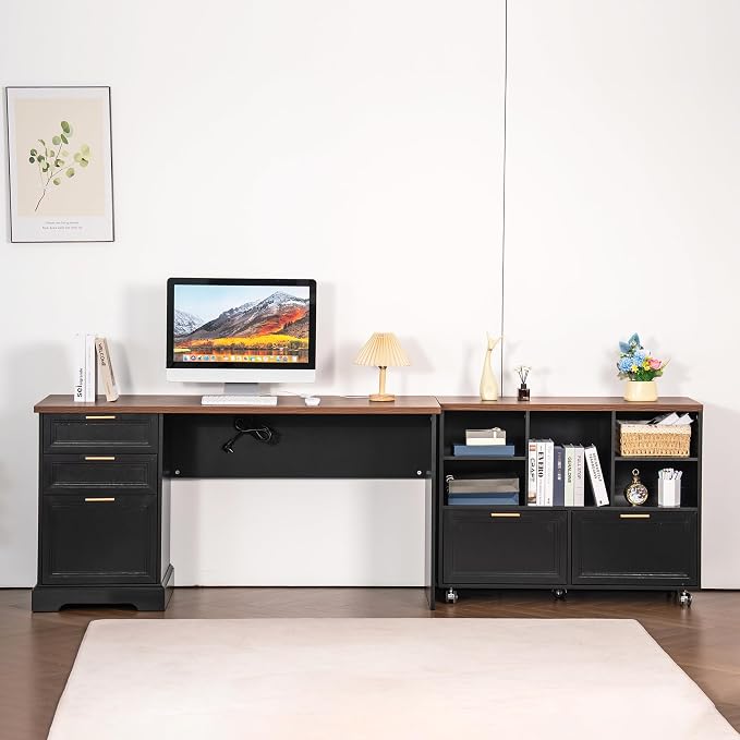 60" Farmhouse Executive Desk and 40" Mobile File Cabinet Combination,L Shaped Executive Desk with Charging Station,Home Office Desk for Office Work,Home Study