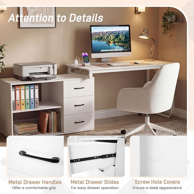 GOFLAME Reversible L Shaped Computer Desk with Charging Station, 55” Home Office Desk with 3 Drawers, 3-Level Adjustable Shelf, Convertible Study Writing Desk for Small Space, White