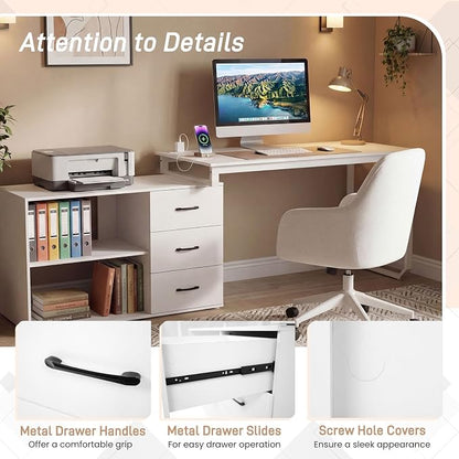 GOFLAME Reversible L Shaped Computer Desk with Charging Station, 55” Home Office Desk with 3 Drawers, 3-Level Adjustable Shelf, Convertible Study Writing Desk for Small Space, White