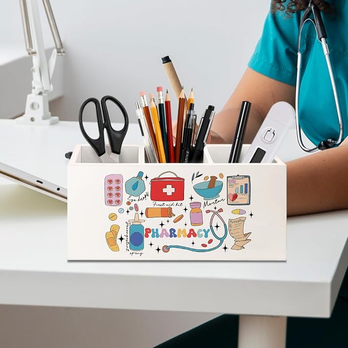 Pharmacy Nurse Gifts Pen Holder for Desk, Pharmacy Technician Gifts Wooden Box Sign Desk Decor for Office Home Decoration, Pharmacist Gift Pencil Organizer