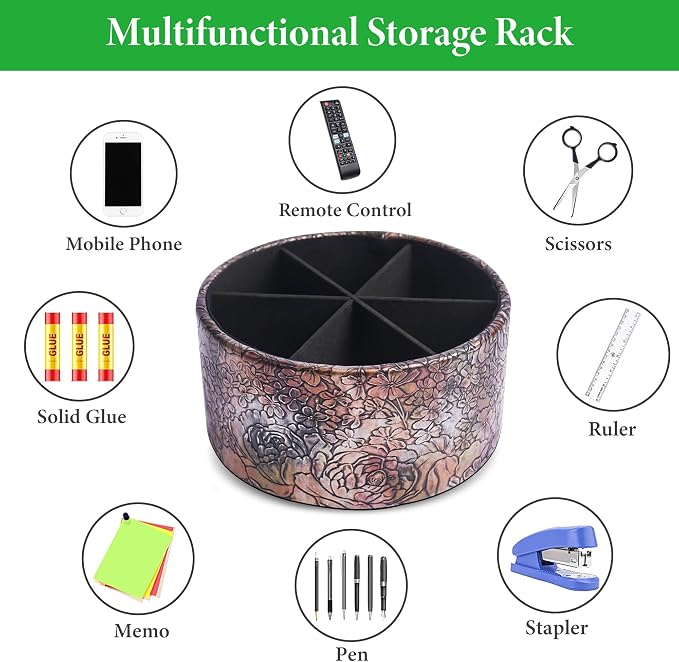 Remote Control Holder, 360°Spinning PU Leather Desk TV Remote Caddy,Desk Storage Box Room Accessories for Controller, Media,Mail,Calculator, Mobile Phone,Pencil(1B-Rich Flower Gold)