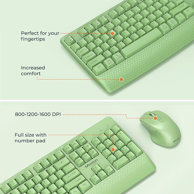 MEETION Green Wireless Keyboard and Mouse, Full-Sized Cordless Keyboard with Wrist Rest, 3 DPI Adjustable Mouse, 2.4GHz USB-A Receiver, Computer Keyboard for PC/Computer/Laptop/Windows/Mac