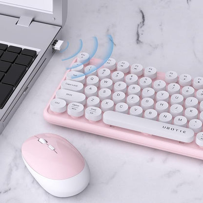 UBOTIE Colorful Wireless Keyboard and Mouse Combos, Retro Typewriter Floating Flexible Full-Sized Keys Computer Keyboard with Optical Mouse, 2.4GHz USB-A Connection for Windows Mac (Pink-White)