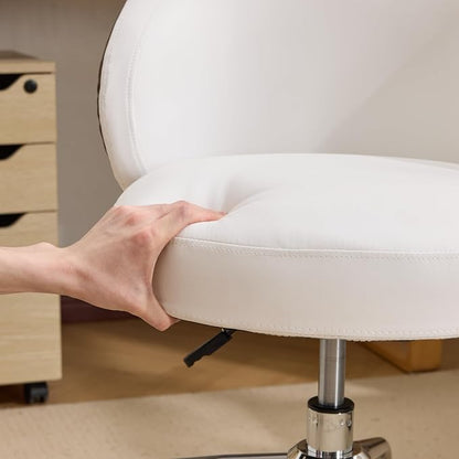 VINGLI Cute Small Swivel Desk Chair Comfy with Wheels,Ergonomic Low-Back Lumbar Support Vanity Nail Tech Rolling Task Stool Chair for Home Office,Height Adjustable,PU Leather White&Suede Khaki