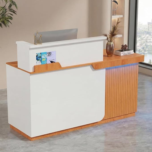 Kikihouse Modern Reception Desk with LED, 63” Fluted Front Desk with Lockable Drawer, Cabinet and Sliding Tray, Large Reception Counter Table for Office Lobby Nail Salon Clinic (Red Oak)