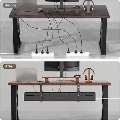 Under Desk Cable Management Tray, Expandable 25.2"–38.6", No Drill Clamp Mount, Cord Management Heavy Duty Carbon Steel Standing Cord Organizer for Home, Office, Gaming, Desk, Black