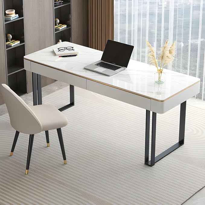 RUNNUP Slate Office Desk with 2 Drawers, Modern Computer Desk, Without Chair 63" L x 23.6" W x 29.5" H Gold