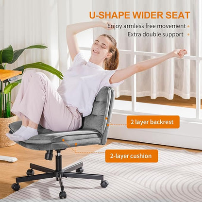 COMHOMA Cross Legged Office Chair with Wheels Armless-Office Desk Chair, Modern Vanity Computer Task Chairs for Home Bedroom, Comfortable Wide Seat for Lower Back Pain Relief, Soft Velvet, Gray