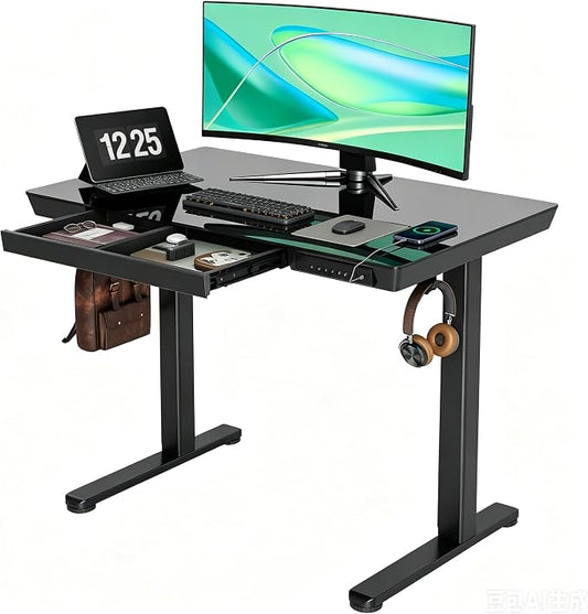 INNOVAR 40" Small Glass Standing Desk with Drawers & USB Ports, Whole-Piece Glass Top Adjustable Height Desks, Quick-Install Electric Sit-Stand Up Desk for Home Office & Computer Workstation, Black