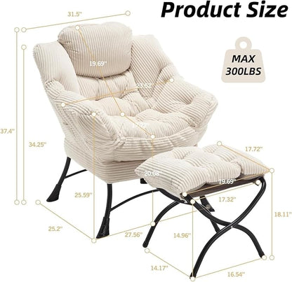 Modern Lazy Chair with Ergonomic Ottoman, Comfortable Lounge Chair with Footrest for Space Saving, Comfy Reading Armchair for Living Room, Bedroom, Office, White