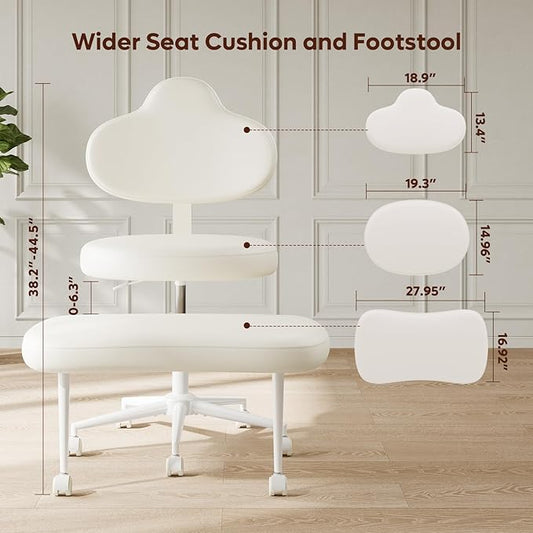 Pinmoco Cross Legged Office Chair with Wheels, Meditation Chair, ADHD Chair for Adults, Wider Height Adjustable Backrest and Seat, Yoga Office Chair, PU Leather, Beige