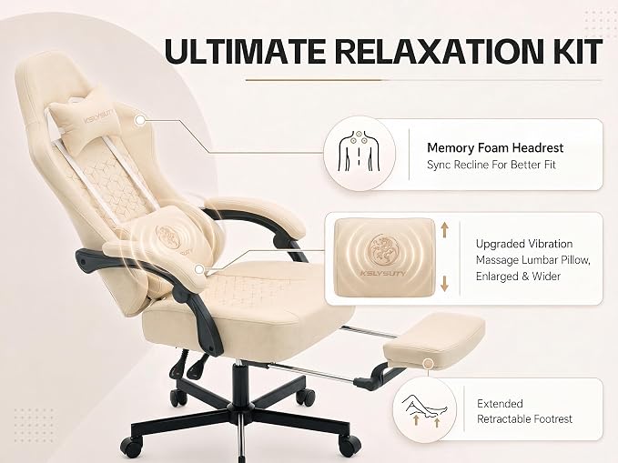 Office Desk Computer Gaming Chair for Adults, Ergonomic High Back Gamer Chair with Massage and Pocket Spring Cushion, Swivel Comfy Video Game Chairs with Footrest and Lumbar Support (Pro Beige)