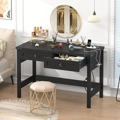 YOMILUVE Farmhouse Computer Desk with 2 Drawers, 39 Inch Small Black Computer Desk with Power Outlets, Home Office Desk Compact Writing Study Table for Small Spaces