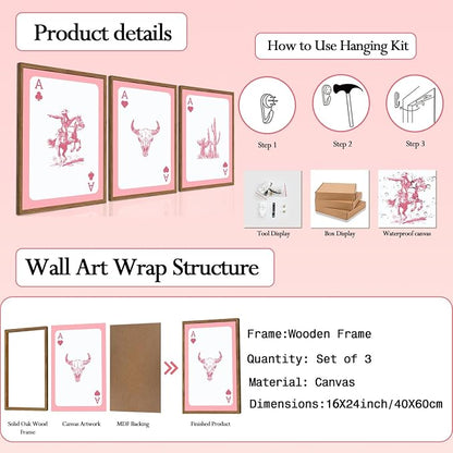 Set of 3 Western Cowgirl Wall Art Pink Bull Skull Wall Decor Painting Southwestern Playing Card Poster Canvas Prints Picture for Bedroom Living Room Wood Framed 16x24 inch