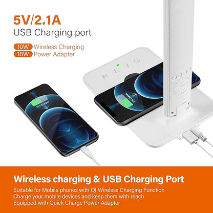 LED Desk Lamp with Wireless Charger, USB Charging Port, Office Table Lamp with Clock, Alarm, Date, Temperature for Home Office, White
