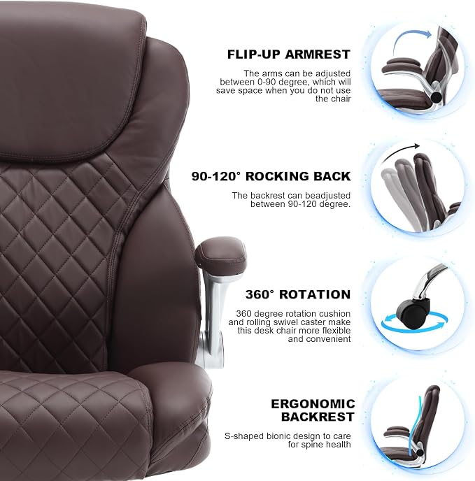 Leather Executive Office Chair, Big and Tall High Back Ergonomic Desk Chairs with Wheels, 90-120° Rocking Managerial Home Computer Chairs with Flip up Arms and Lumbar Support, Dark Brown