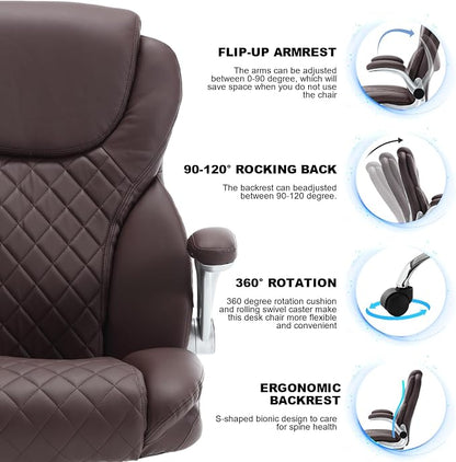 Leather Executive Office Chair, Big and Tall High Back Ergonomic Desk Chairs with Wheels, 90-120° Rocking Managerial Home Computer Chairs with Flip up Arms and Lumbar Support, Dark Brown