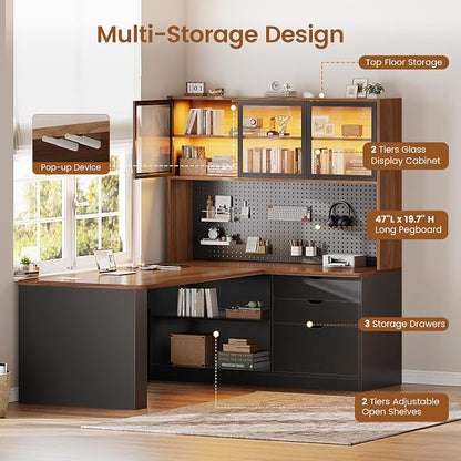 SEDETA L Shaped Office Desk, Computer Desk with 3 Wood Drawer and Large Bookshelf, L Shaped Corner Gaming Desk with LED Light, Display Cabinet and Pegboard, 27.5" W Large Desktop Table, Brown