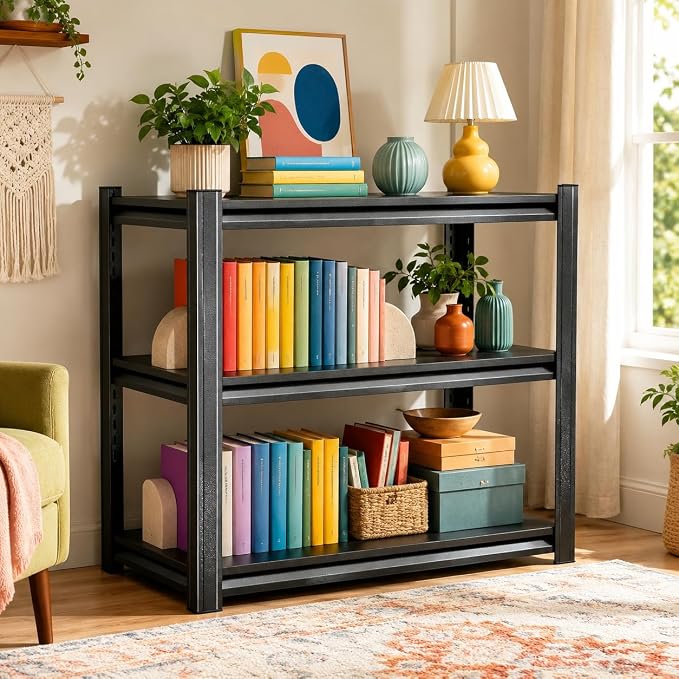 3 Tier Metal Bookshelf, Adjustable Tall Bookcase, Heavy Duty 1800 LBS Modern Deep Book Shelf, Bolt-Free Storage Shelves for Living Room, Home Office, Garage, 36" Wx 12" Dx 32" H