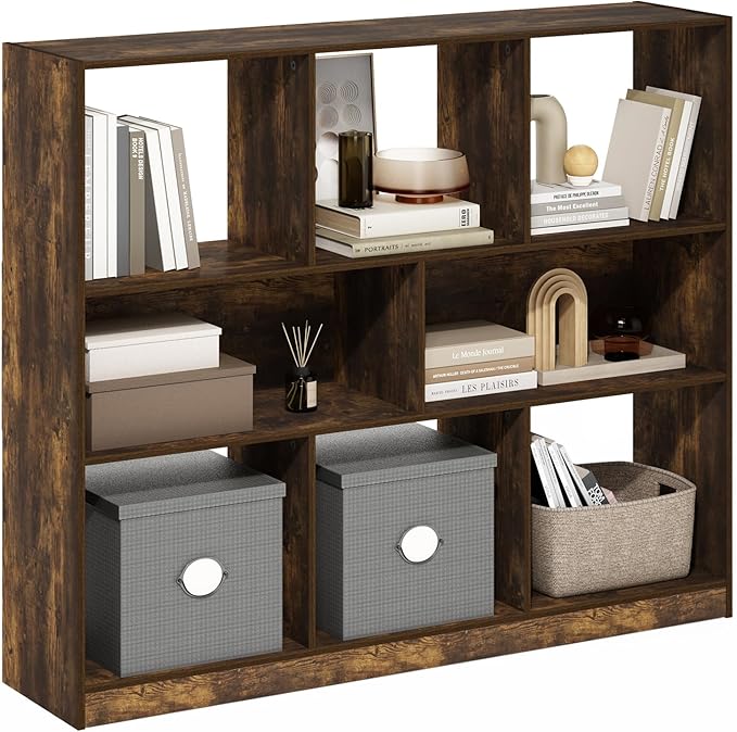 Furinno DALY Book Shelf, 8-Cube Bookshelf, Horizontal Cube Storage Organizer Bookcase, 10.9 x 47.2 x 39.4, for Living Room, Bedroom, Home Office, Amber Pine
