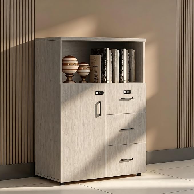 File Cabinet with Password Lock, Wood Lateral Filing Cabinet for Letter/A4 Files, 3 Drawer with Door, Printer Stand with Open Shelves for Home Office