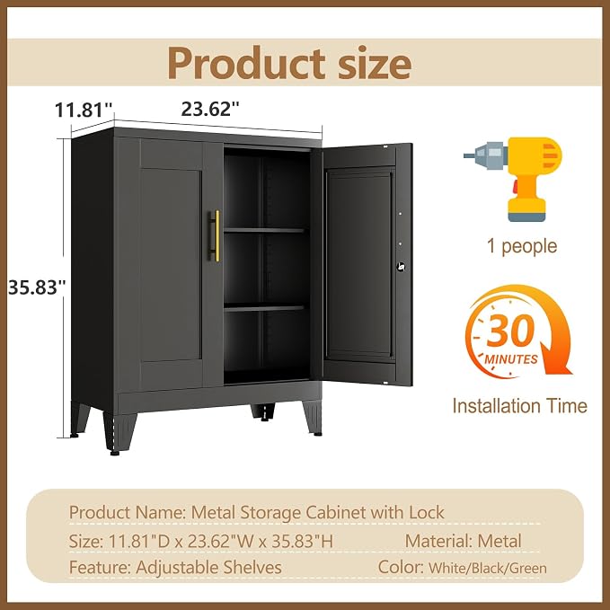 GAIOUS 36" Black Metal Storage Cabinet with Lock, Locking Cabinet with 2 Doors and 2 Adjustable Shelves, Bathroom Floor Cabinets, Freestanding Locked File Cabinets for Home/Office/Garage