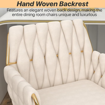Velvet Home Office Chair, Modern Height-Adjustable Vanity Chair with Golden Base and Hand-Woven Backrest for Bedroom/Study/Vanity (Beige)