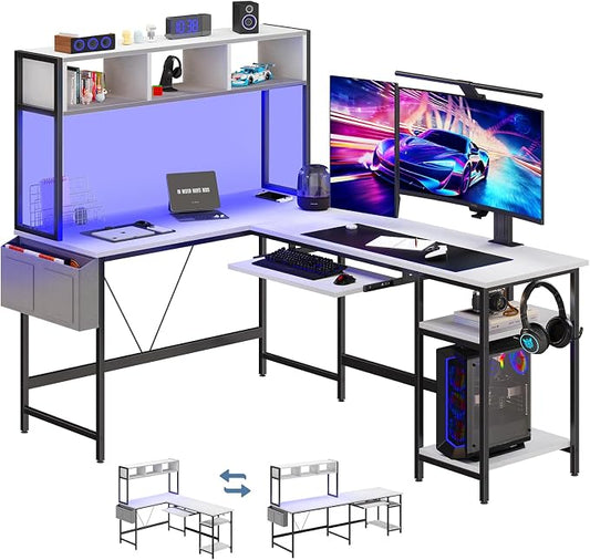 DUMOS 67" L Shaped Gaming Desk, Corner Desks for Compact Spaces with Keyboard Tray & Storage Shelf,Reversible Computer Desk with LED Lighting,Metal Frame PC Gaming Table for Home Office, White