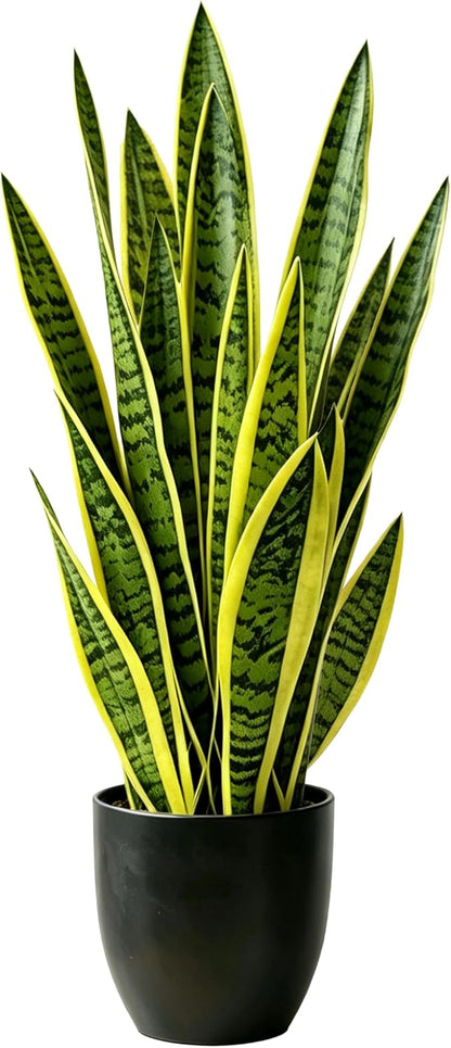 Fake Snake Plant 35'',3ft Artificial Gold Snake Plants Indoor with Black Planter, Realistic Faux Sansevieria Potted for Home Decor, Low Maintenance Greenery for Desk Office Corner Bedroom