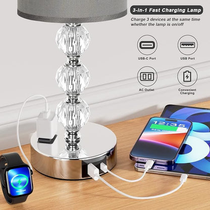 Grey Touch Bedside Lamps for Bedrooms - Crystal Table Lamp with USB C+A Charging Port and AC Outlet Nightstand, 3 Way Dimmable Silver Small End Side Table Lamp for Living/Guest/Dinning Room/Kitchen