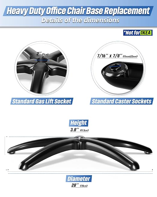 Sytopia 28'' (70 cm) Heavy-Duty Office Chair Base Replacement (2600 lbs), Reinforced Metal Base for Managerial & Executive Chairs, Universal Caster and Gas Cylinder Size, Black