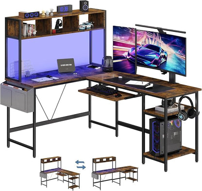 DUMOS 67" L Shaped Gaming Desk, Reversible Computer Desks with LED Lighting, Corner Desk for Compact Spaces with Keyboard Tray & Storage Shelf, Metal Frame PC Gaming Table for Home Office,Rustic Brown
