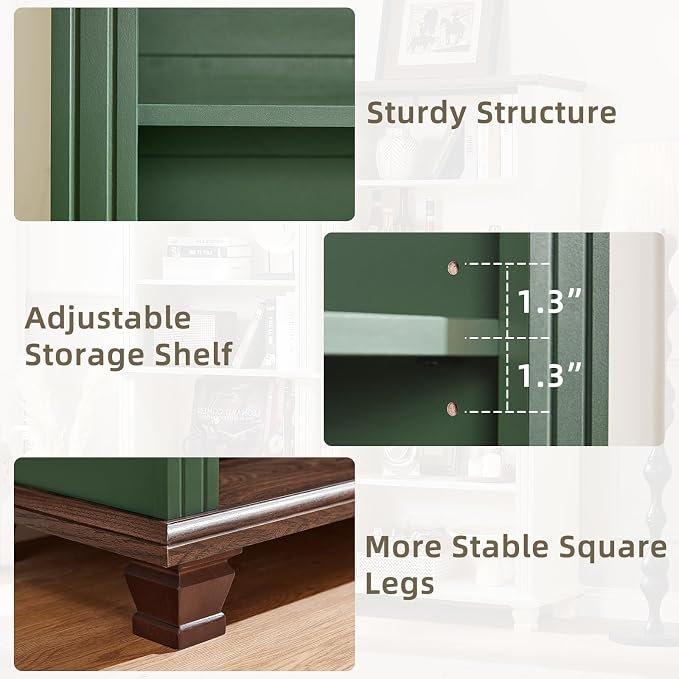 SAVOR LIFE 70" Tall Green Bookshelf,5 Tier Wooden Book Shelf with Adjustable Shelves & Wood Legs,Free Standing Farmhouse Bookcase with Open Display Storage,Vintage Bookshelves for Library, 3PCS