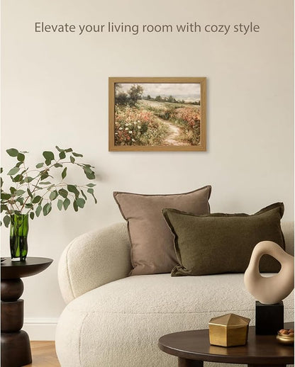 CXQILVER Framed Vintage Cottagecore Landscape Wall Art, Wildflower Meadow Path Canvas Wall Decor Rustic Farmhouse Floral Nature Artwork for Living Room Bedroom Bathroom Home Decor 8x10 inch Framed