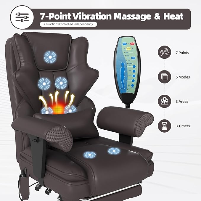 7-Point Massage Office Chair,Heated Manageral Chair,Ergonomic Executive Chair with Footrest,Adjustable Armrest，Computer Chair for Offices, Study Room,Gaming Spaces,Brown