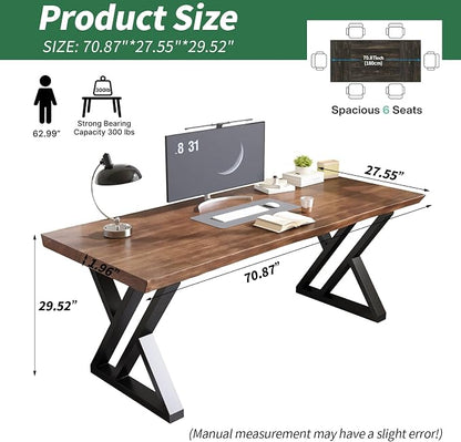 Solid Wood Desk 71 Inches, Live Edge Wooden Home Office Computer Desk Metal Frame Modern Simple Design Executive Real Wood Desk for Writing Study Dining Gaming
