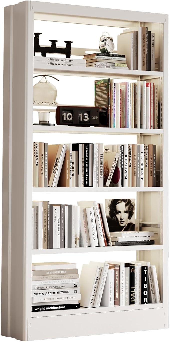 5 Tier White Metal Bookshelf, 71" H Bookcase with Adjustable Shelves, Heavy Duty Storage Bookshelves Tall Bookcase for Library, Office, Living Room, Classroom, Including Book Stopper(White)