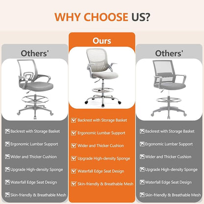 Sweetcrispy Tall Drafting Office Desk Chair - Ergonomic High Stool Computer Chair with Adjustable Height and Comfy Lumbar Support, Rolling Counter Height with Flip-up Arm and Footrest, Grey