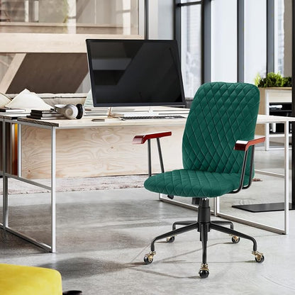 COSTWAY Green Velvet Office Chair, Upholstered Home Leisure Chair with Rubber Wood Armrests & 5-Claw Metal Base, Vintage Mid-Back Computer Desk Chair for Adult, Home, Office, Study