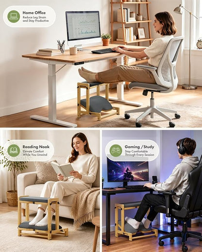 Amazer Double Step Foot Rest for Under Desk, 4 Adjustable Heights Bamboo Under Desk footrest with Soft Cushion, Dual-Layer Desk Foot Stool for Office Home Gaming, Natural Wood Foot Rests for Work