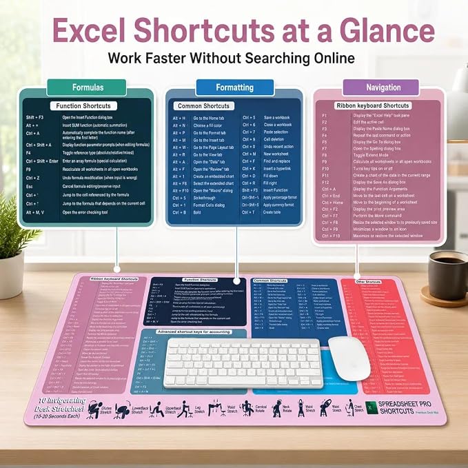 Excel Cheat Sheet Desk Pad, XXL 35.5 x 15.8 in Large Mouse Pad with Excel Shortcuts, Non-Slip Spreadsheet Reference Desk Mat for Office, Accountants, Students & Home Office, Blush Pink