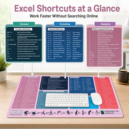 Excel Cheat Sheet Desk Pad, XXL 35.5 x 15.8 in Large Mouse Pad with Excel Shortcuts, Non-Slip Spreadsheet Reference Desk Mat for Office, Accountants, Students & Home Office, Blush Pink