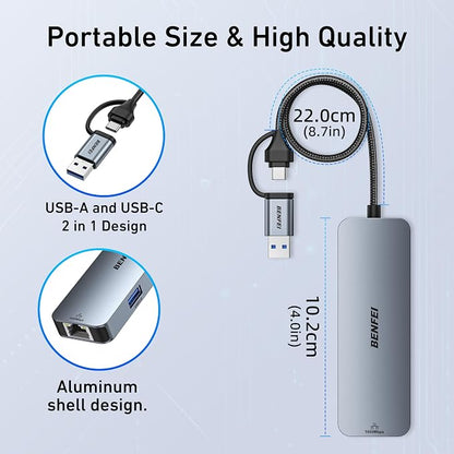 BENFEI USB-C to Gigabit Ethernet Adapter with 3-Port USB 3.0 Hub, RJ45 Network Adapter Compatible with MacBook Pro/Air, iPad Pro, iMac, Galaxy S23, XPS 17, Surface Book 3