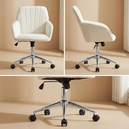 Velvet Home Office Desk Chair, Modern Cute Computer Task Chair with Back, Height Adjustable Upholstered Vanity Chair with Swivel Wheels for Women, Girls (Silver Base, Cream