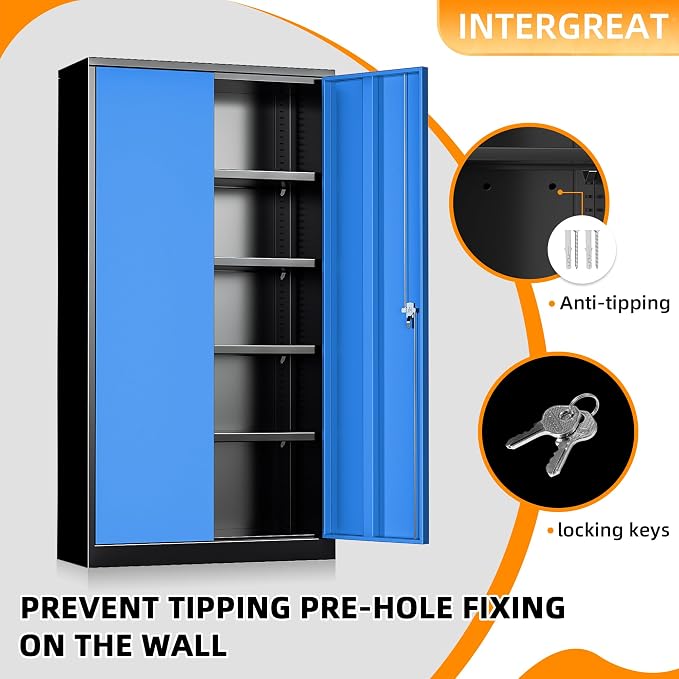 INTERGREAT Metal Storage Cabinet with Lock, 72" H Garage Cabinets with Doors and Adjustable Shelves, Lockable Metal Cabinets for Garage, Home, Office(Black-Blue)