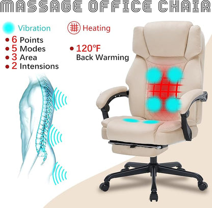Massage Office Chair with Foot Rest 6 Points Vibration and Heat Home Office Desk Chairs for Heavy People 400lbs Reclining Managerial Chairs Ergonomic Executive Chair (Beige)