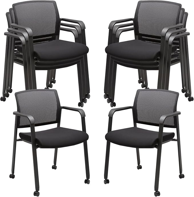CLATINA Mesh Back Guest Reception Arm Chairs with Wheels, Waiting Room Chairs with Upholstered Fabric Seat and Ergonomic Lumbar Support for Office, 8PK