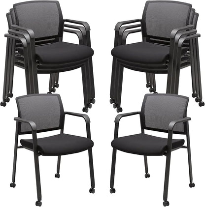 CLATINA Mesh Back Guest Reception Arm Chairs with Wheels, Waiting Room Chairs with Upholstered Fabric Seat and Ergonomic Lumbar Support for Office, 8PK