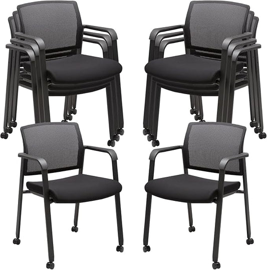 CLATINA Mesh Back Guest Reception Arm Chairs with Wheels, Waiting Room Chairs with Upholstered Fabric Seat and Ergonomic Lumbar Support for Office, 8PK